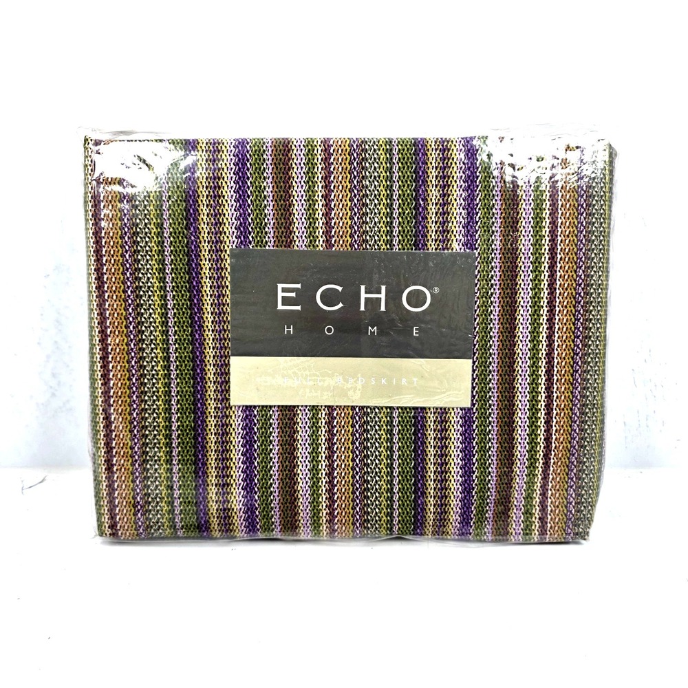 Vtg Echo Full Bedskirt Chelsea Stripe Boho Purple Olive Green Cotton NEW 54 x 75